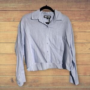 NEW DKNY blue cropped button down linen blend shirt, XS
